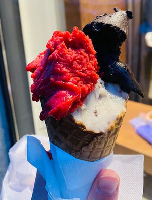 Raspberry, banana and vegan chocolate. at Luff Gelato in Belgrade