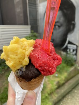 Pineapple, raspberry and dark vegan chocolate .  at Luff Gelato in Belgrade