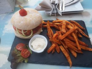 Beyond Burger, Sweet potato fries and homemade mayonnaise  at Cafe Mint in Mallorca