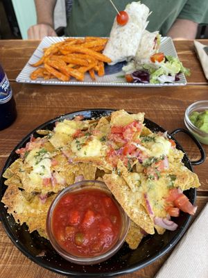 Nachos and Jackfruit Wrap with sweet potato fries  at Cafe Mint in Mallorca