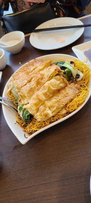 Crispy Noodles With Mock Duck And Vegetables at Greens Vegetarian Restaurant in Toronto