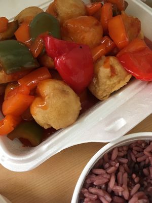 Sweet and Sour Mock Chicken, and Brown Rice at Greens Vegetarian Restaurant in Toronto