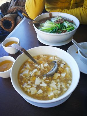 Medium sized Corn soup with mock chicken(turned out to be just tofu)  at Greens Vegetarian Restaurant in Toronto