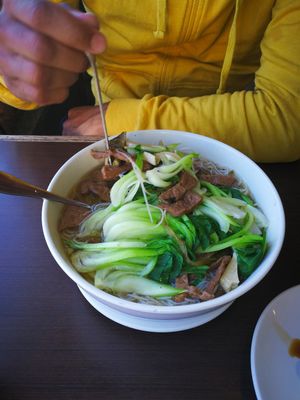 Preserved vegetables with mock soya meat and rice vermicelli soup(preserved veggies were only pak choi)  at Greens Vegetarian Restaurant in Toronto