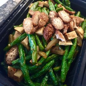 Spicy green beans with dry tofu  at Greens Vegetarian Restaurant in Toronto
