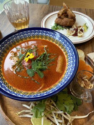 Spicy noodles and the delicious fried kimchi roll.  Both delicious! at Little Gangster - 리틀갱스터 in Seoul