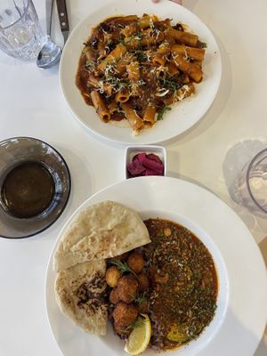 Red Curry - Naan and chickpea croquettes; smoky Bolognese pasta  at Little Gangster - 리틀갱스터 in Seoul