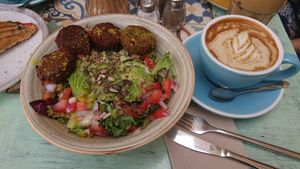 Falafel Bowl and a big Cappuccino with Soya Drink at Mise En Place in Mallorca