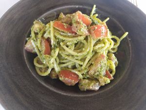 Spaghetti with vegan pesto sauce and tomato at Sandrocchia in Lignano Sabbiadoro