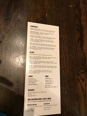 Back of Menu at Blackbird Pizzeria - 6th St in Philadelphia