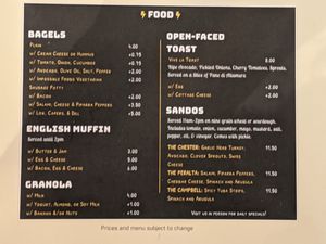 Food menu

The Campbell sandwich has either vegetarian or vegan option. Other veggie-friendly options:  open-faced toast, Impossible foods vegetarian sausage patty, hummus, etc... at Kilovolt Coffee in Oakland