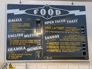 Food menu

The Campbell sandwich has either vegetarian or vegan option. Other veggie-friendly options:  open-faced toast, Impossible foods vegetarian sausage patty, hummus, etc... at Kilovolt Coffee in Oakland