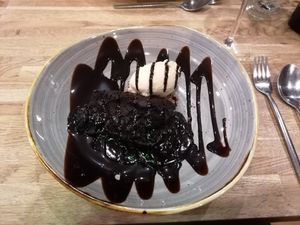 Chocolate fudge cake with salted caramel ice cream & chocolate 
sauce at The Peppermill Bistro in Billingham
