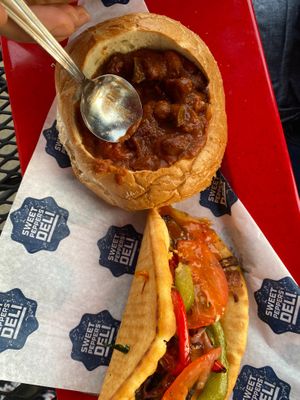 Vegan chili and roasted veggie pita sandwich  at Sweet Peppers Deli in Muscle Shoals