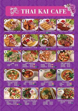 Thai Kai menu. Vegan options marked “V”. at Thai Kai Cafe in Kuranda