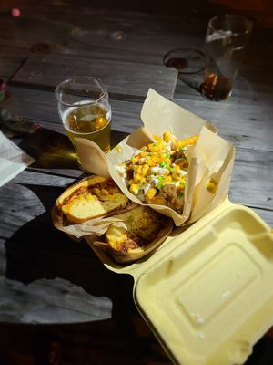 BBQ Jackfruit Burger with Mac attack fries at Bangin' Vegan Eats in Charleston