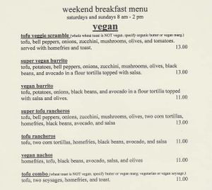 Vegan menu  at Interzone in Corvallis