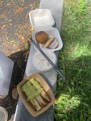 Bottom to top: taquitos, horchata, empanadas, potato ball  at LA2HI Grindz in Honolulu