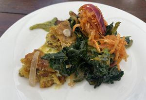 Chickpea crepe cashew and kale curry with coconut and green apple sambal and coconut yoghurt and coriander. Out of this world!  at Three Seven Two in Waiheke Island