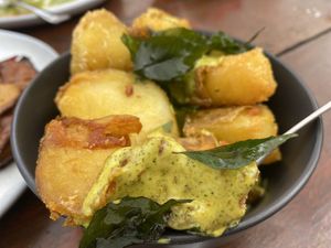 Crispy agria potatoes, spiced with curry leaf aioli   at Three Seven Two in Waiheke Island