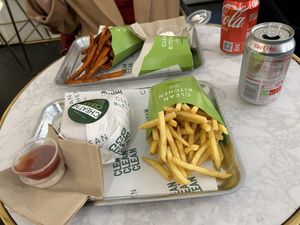 Burger and fries  at Clean Kitchen Club - Camden in London
