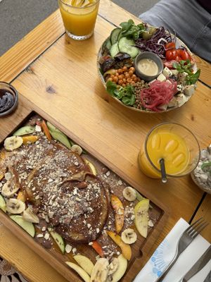 Vegan pancakes and vegan bowl (?) not sure on name. Pancakes came with peanut butter and jam also. Gosh so yummy.   at Feel Green in Split