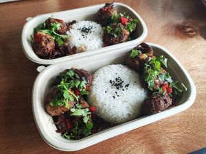 White rice and double portion of tofu balls  at Peanuts in Hoi An