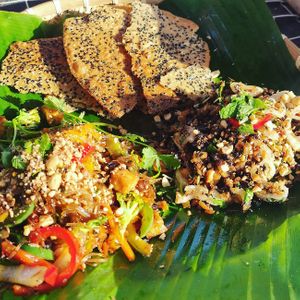 Vegan mince and rice crackers  at Peanuts in Hoi An