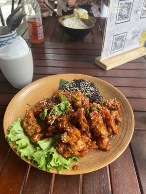 Orange chicken (requested black rice instead of white) and mashed potato with cashew gravy in the background   at Peanuts in Hoi An