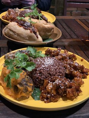 Red rice, orange chicken, tomato tofu balls, eggplant stew  at Peanuts in Hoi An