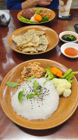 Noodles/red rice with peanut stew, steamed veggies and rice crackers at Peanuts in Hoi An