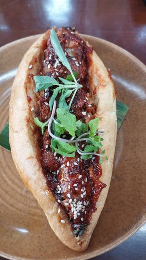 Gourmet Banh Mi with sweet and sour tofu balls. at Peanuts in Hoi An