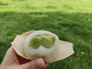 Matcha ice cream mochi on the inside. at Také in Ghent