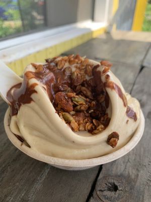 Banana whip + house made granola & fudge at Moksha in Rincon