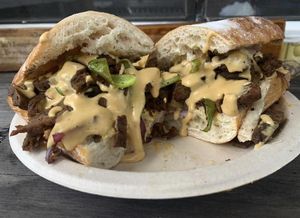 Chzsteak homeade seitan + chz 🤤  at Moksha in Rincon