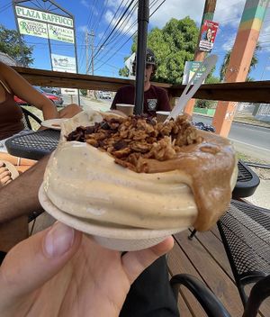 Banana whip w/ homemade granola, local cacao + PB 😍  at Moksha in Rincon