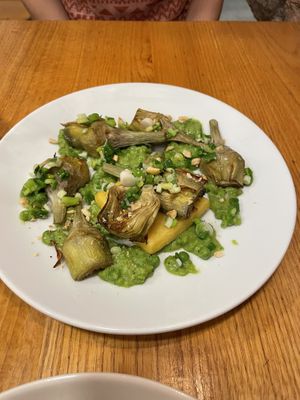 Artichokes with pea purée   at Orburu Taberna in San Sebastian