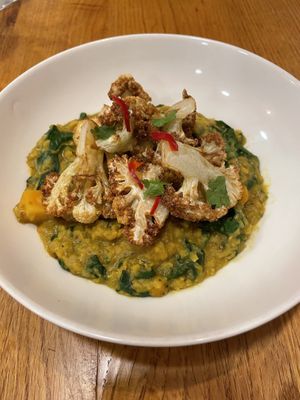 Cauliflower with lentil dahl  at Orburu Taberna in San Sebastian