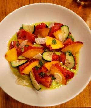 Tomato and peach gazpacho at Orburu Taberna in San Sebastian