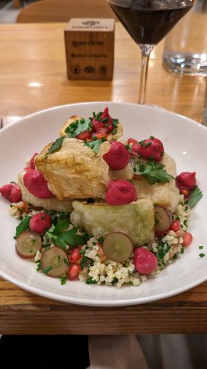Deep-fried eggplant with couscous at Orburu Taberna in San Sebastian
