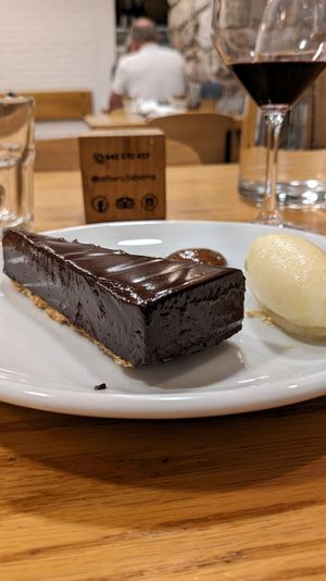 Tarte au chocolate with pear sorbet at Orburu Taberna in San Sebastian