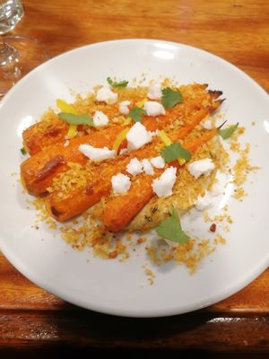 Carrots with vegan feta on a babaganoush at Orburu Taberna in San Sebastian