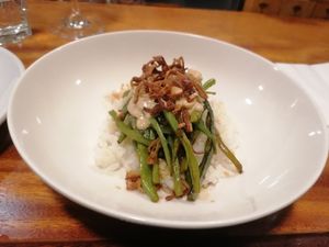 Green beans on rice with a peanut sauce at Orburu Taberna in San Sebastian