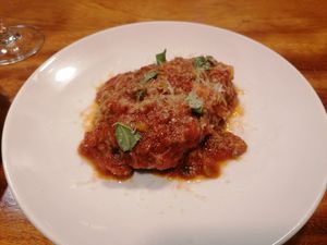 Aubergine with vegan cheese and a tomatosauce at Orburu Taberna in San Sebastian