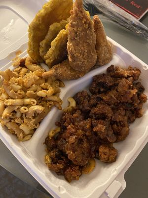 General Tso’s cauliflower, drummies, macaroni, and plantains. at Dodah's Kitchen - Mount Rainier in Mount Rainier