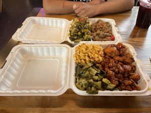 Collard greens, mac n cheese, general tso’s cauliflower, home fries, pepper steak  at Dodah's Kitchen - Mount Rainier in Mount Rainier