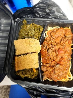 Pecan meat spaghetti with creole greens & spelt bread at Meals that Heal in Jackson