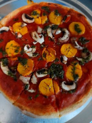 La Local, mushrooms from Puerto Rico, Chimmi from our orchard and sweet plantains from San Lorenzo Puerto Rico. at Vegan Pizzeria in San Juan