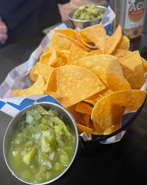 Chips and salsa verde- sooooo bland.   at Clear Creek Cidery & Eatery in Idaho Springs