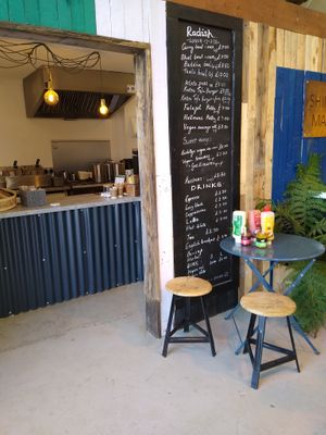 Menu and entrance at Radish  in Porthleven